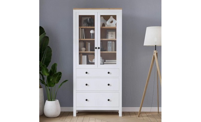 Шкаф для посуды/витрина 23 Кантри массив сосны (HEMNES) белый/браун