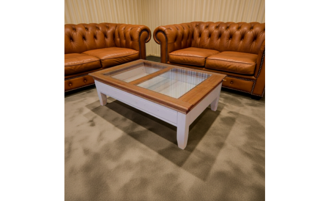 Стол журнальный со стеклом из массива сосны (белый воск/бейц масло)